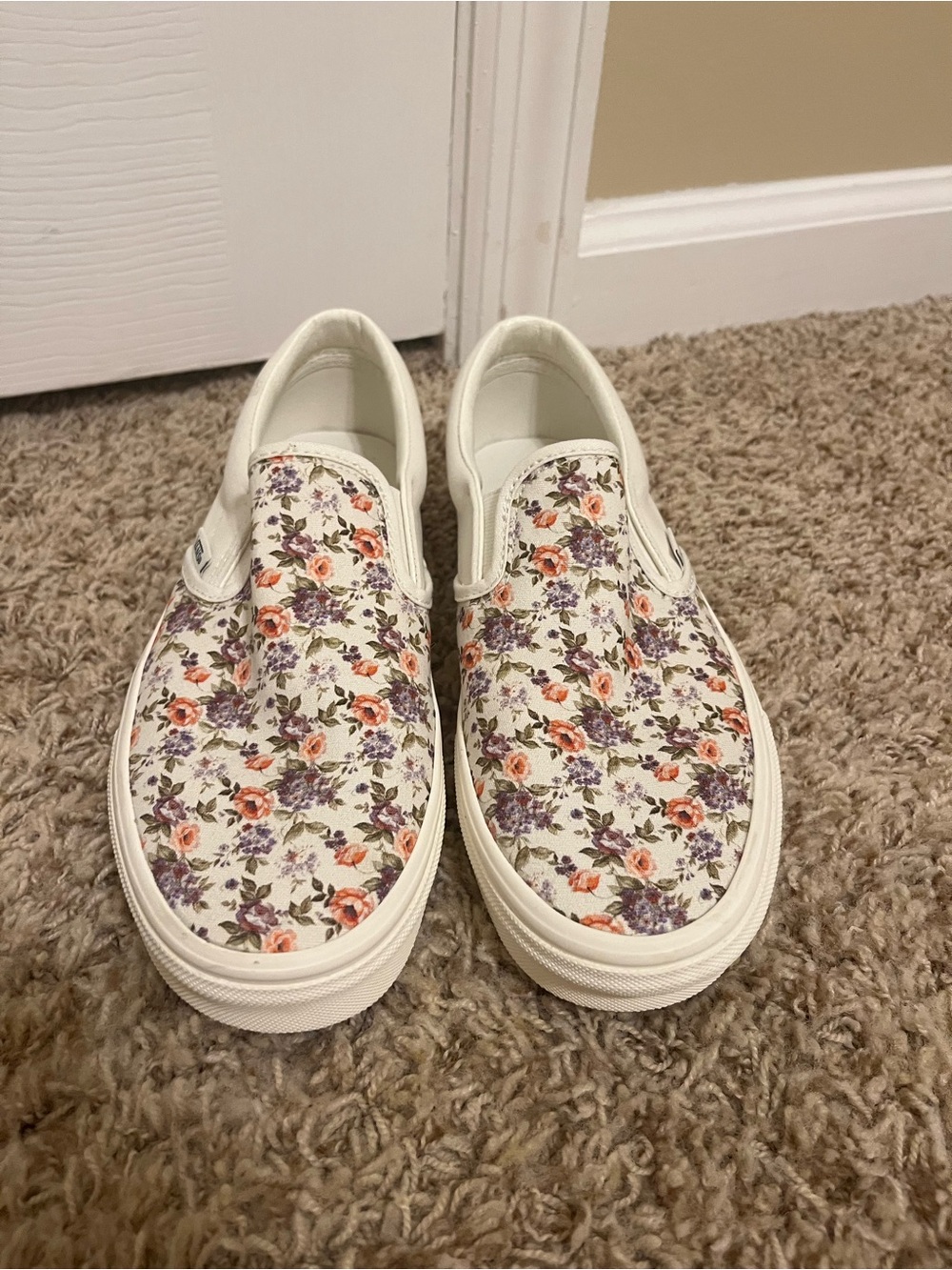 Vans Slip-On Floral Canvas Sneakers - White with Pink & Purple Flowers